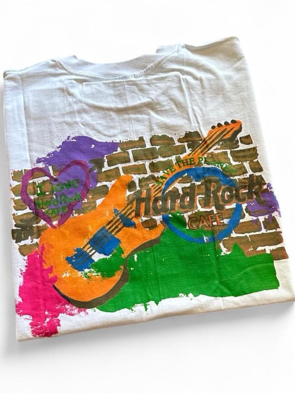 Vintage 1990s Hard Rock Cafe White Graphic Guitar Wall Art Print XL